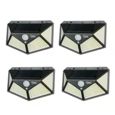 Kit 4 Luminária Solar Parede 100led Sensor Presença 3 Funçõe Cor Preto 3,7