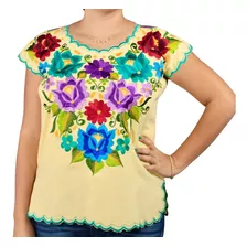 Blusa Yucateca Bordada Amarillo Lino Modelo Andrea