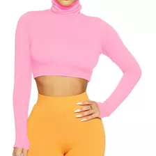 Blusa Cropped Gola Alta Manga Longa Básico Várias Cores