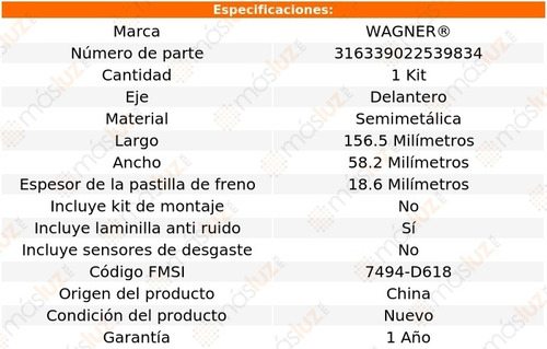 Balatas Semimetalicas Delanteras Volvo S70 99/00 Wagner Foto 2