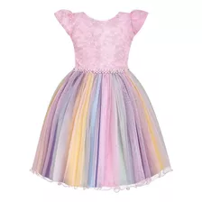 Vestido Infantil Luxo Rosa Colorido Arco Íris Unicórnio 