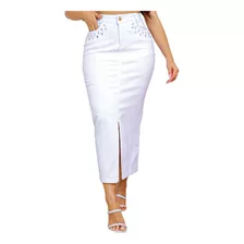 Saia Jeans Branca Midi Feminina Longa Tendência Fashion