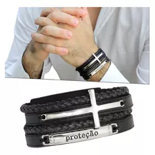 Bracelete Proteção Cruz Feminina Masculina Em Couro Fé