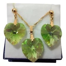 Conjunto Coração Cristal Swarovski Peridot Boreal Folh. Ouro