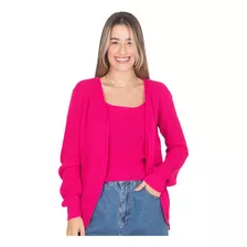 Conjunto Twin Set Lã Tricot Feminino Casaco Com Cropped Liso