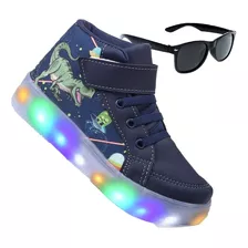 Tênis De Led Masculino Infantil Dinossauro Botinha + Oculos