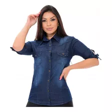 Camisa Jeans Feminina Manga 3/4 Com 2 Bolsos - Azul Escuro