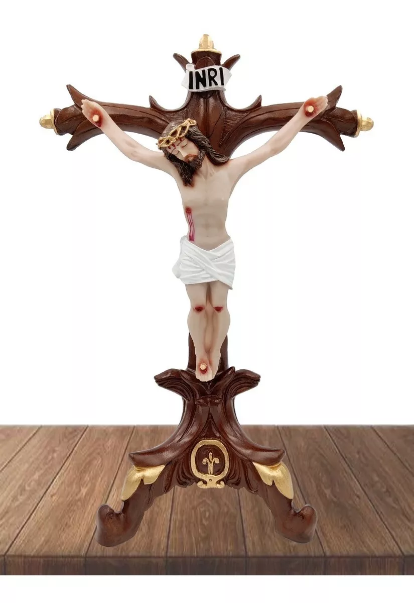 Cristo De Resina Con Base Imitación Madera Para Mesa Altar