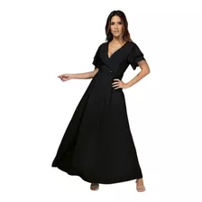 Vestido Festa Social Preto Longo Com Cinto Elegante Luxo