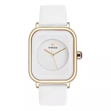 Relógio Wwoor Feminino Quartzo Pulseira De Couro - Branco Cor Do Bisel Dourado