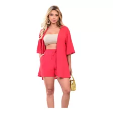 Conjunto Feminino Kit (shorts+ Kimono) Estampa Verão