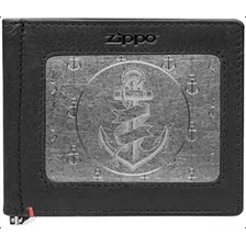 Cartera Zippo Negra Con Clip Billetes Diseño Placa Metal Con