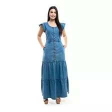 Vestido Longo Jeans Sem Lycra Moda Evangelica Com Manga 3894