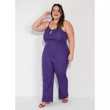 Macacão Poá Roxo De Alças Finas Plus Size