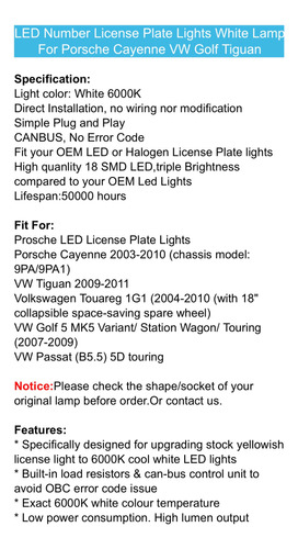 Set 2x Luz Led 6k Placa Porsche Cayenne Touareg Golf Passat  Foto 2