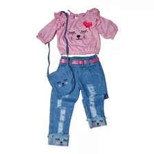 Conjunto Infantil Blogueirinha Menina Calça Jeans E Bolsinha