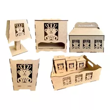 Kit Higiene. 8 Peças Urso C/ Coroa- 3d - Mdf Cru Desmontado