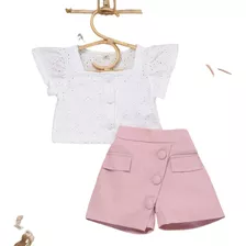 Conjunto Niña Dos Piezas Blusa + Falda Short Rosada 