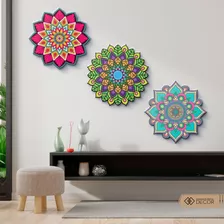 Trio De Quadros Mandala Decorativo De Parede Mdf 30x30cm