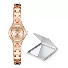 Relógio Feminino Mini Dourado Rosé Analógico Com Espelho