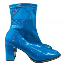 Bota Feminina Azul Verniz Salto Bloco Grosso