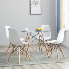 Comedor Redondo Vidrio 80 Cm Con 4 Sillas Eames Blancas