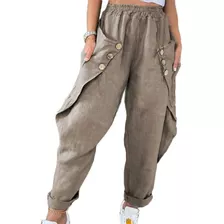 Pantalones Casuales De Lino De Algodón Con Bolsillo Con Boto