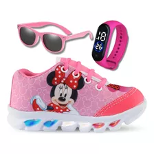 Tenis Feminino Infantil De Led Minnie Rosa + Relogio+oculos