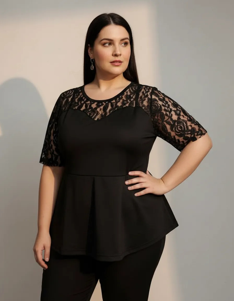 Blusa Fiesta Crepe Y Encaje Talles Grandes / Especiales