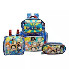 Kit Mochila One Piece Azul De Costas Com Lancheira E Estojo