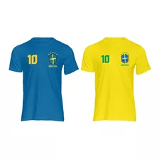 Camiseta Infantil Adulto Seleção Brasil Kit Azul E Amarela 