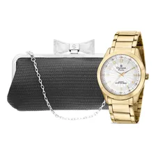 Relógio Feminino Champion Dourado Analógico + Bolsa Clutch Cor Do Fundo Branco