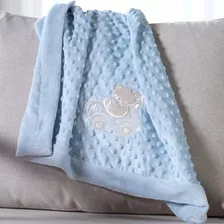 Manta Bebê Dots Camada Dupla De Plush 100x70 Com Bordado Ursinho Blue