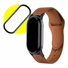 Pulseira Couro Para Mi Band 8 Conector Metal +1 Película 3 D