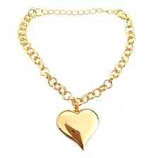 Pulseira Com Pingente Coração Folheado A Ouro Amor Feminino