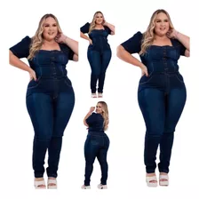 Macacão Jeans Feminino Manga Bufante Plus Size Rubi Laycra