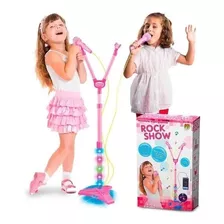 Microfone Duplo C/pedestal E Luz Infantil Mp3 Dm Toys Rosa