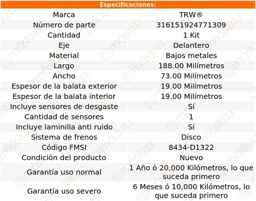 Balatas Bajos Metales Delanteras Audi S5 08/17 Trw Foto 2