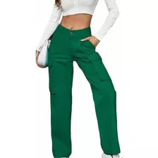 Pantalón De Dama Corte Recto Tipo Cargo Holgado Color Verde