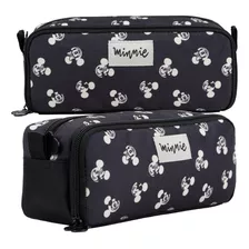 Estojo Preto Grande Bolso Duplo Escolar Necessaire Minnie