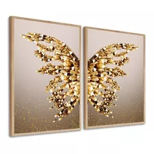 Quadro Decorativo Borboleta Dourada E Bege Sala Com Moldura