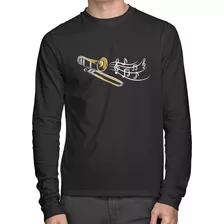 Camiseta Algodão Trombone Notas Musicais Longa