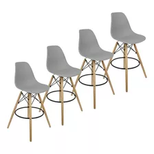 Kit 4 Banquetas Charles Eames Eiffel Wood Design Base Fixa Cor Cinza