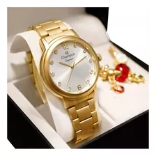 Relógio Champion Feminino Dourado + Kit De Brincos E Colar Cor Da Correia Dourado 3 Cor Do Fundo Branco