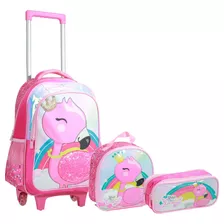 Mochila Infantil Com Estojo E Lancheira Flamingo Rosa - Yepp