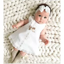 Vestido Branco De Tricoline Moda Infantil Estiloso Para Meninas E Bebês