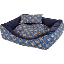 Kit Cama Pet Luxo Super Conforto Tamanho M Com Travesseiro Cor Azul Ursinho