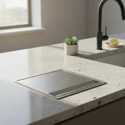 Tampa Lixeira Quadrada Inox Para Bancada Corte De 30x30cm Cinza