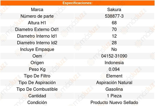 Filtro Aceite Toyota Sienna V6 3.5l 08_19 Sakura 8639931 Foto 2