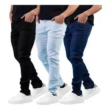 Kit 3 Calças Jeans Sarja Masculina Skinny C/ Lycra Coloridas